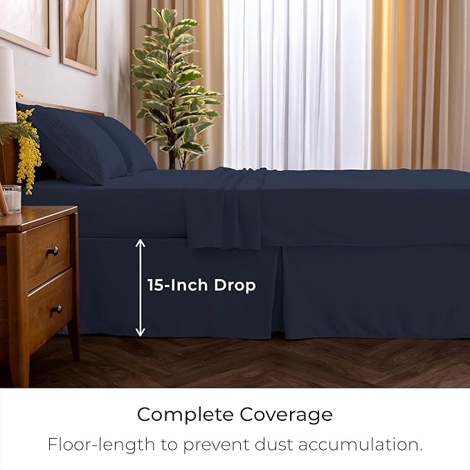 Mellanni Bed Skirt King Size - Bed Skirting - 15-Inch Tailored Drop Pleated Dust Ruffle - Hotel Luxury Bedding - Wrinkle, Fade, Stain Resistant - 1 Bedskirt (King, Navy Blue)