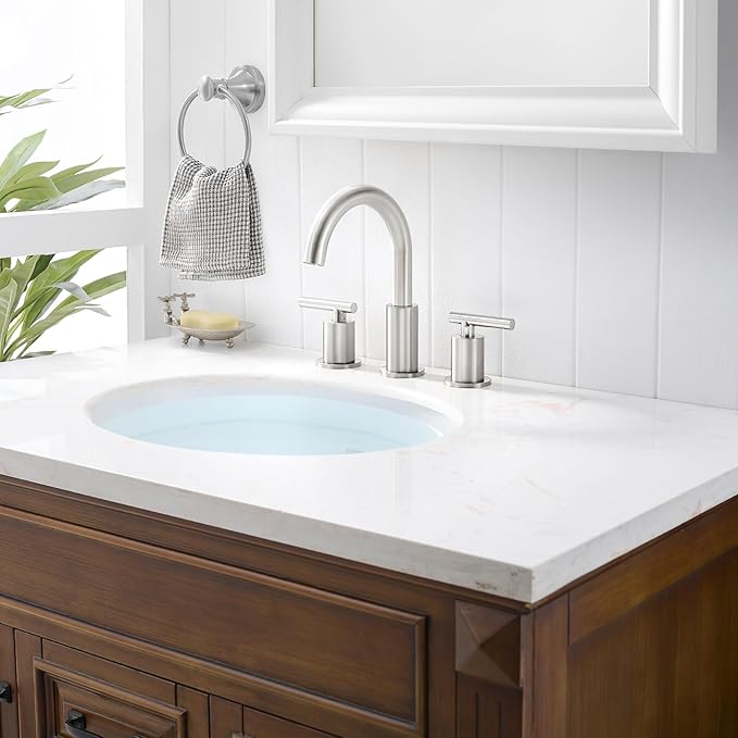 8 Inch Widespread Bathroom Faucet 3 Hole with Pop-up Drain, 2 Handle Bathroom Sink Faucet, Modern Vanity Faucet for Bathroom Sink with 360° Swivel Spout（Brushed Nickel）