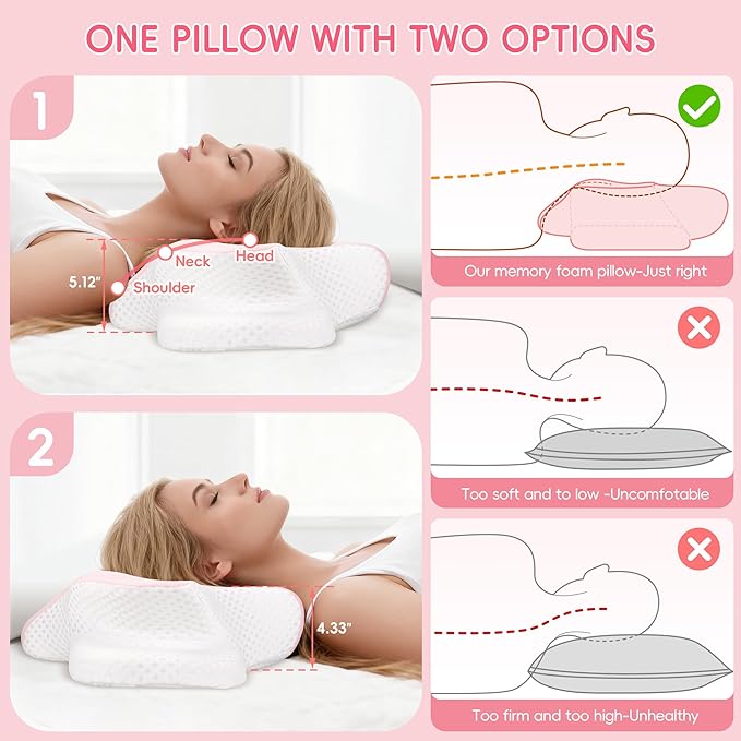 Cervical Neck Pillow for Pain Relief, Ergonomic Contour Pillow for Sleeping, 2 Heights Cooling Pillow for Neck and Shoulder Support, Memory Foam Orthopedic Pillow for Side Back Stomach Sleepers Pink