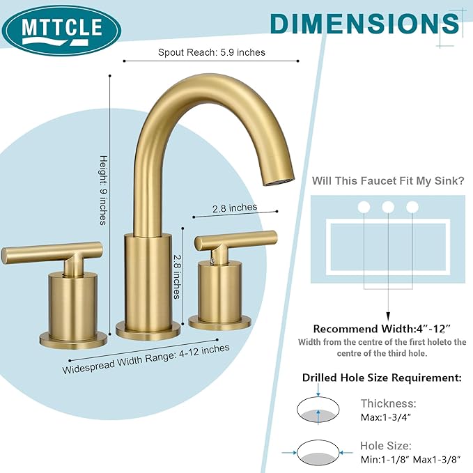 Bathroom Faucet 3 Hole, 8 Inch Widespread with Pop-up Drain, 2 Handle Sink Faucet, Modern Vanity Faucet for Bathroom Sink with 360° Swivel Spout Brushed Gold