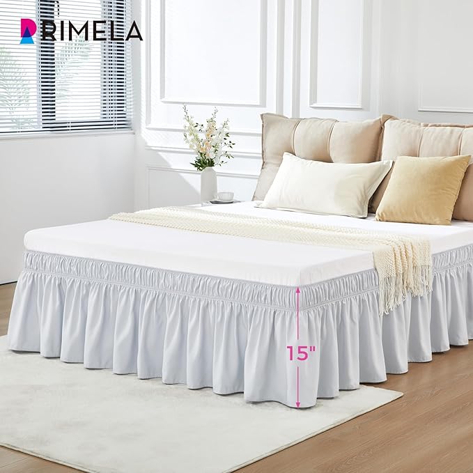 RIMELA Ice Grey Bed Skirt King Size 15 Inch Drop, Elastic Bed Skirting for Bed Base and Frame, Bedding Dust Ruffle Easy to Install, Lightweight Wrap Around Adjustable Bedskirt