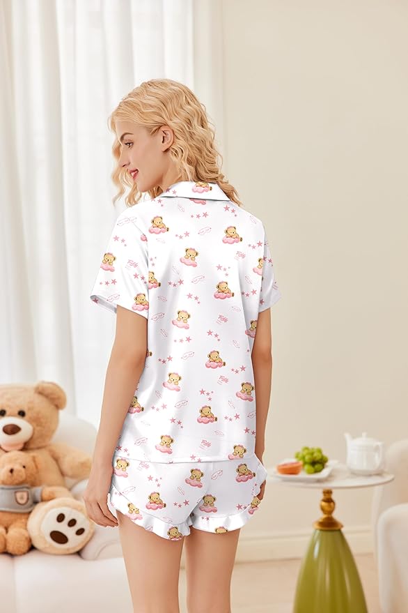 Ekouaer Womens Satin Pajamas Set Button Down 2 Piece Silk Pjs Shorts Set Ruffle Lingerie Notch Collar Sleepwear