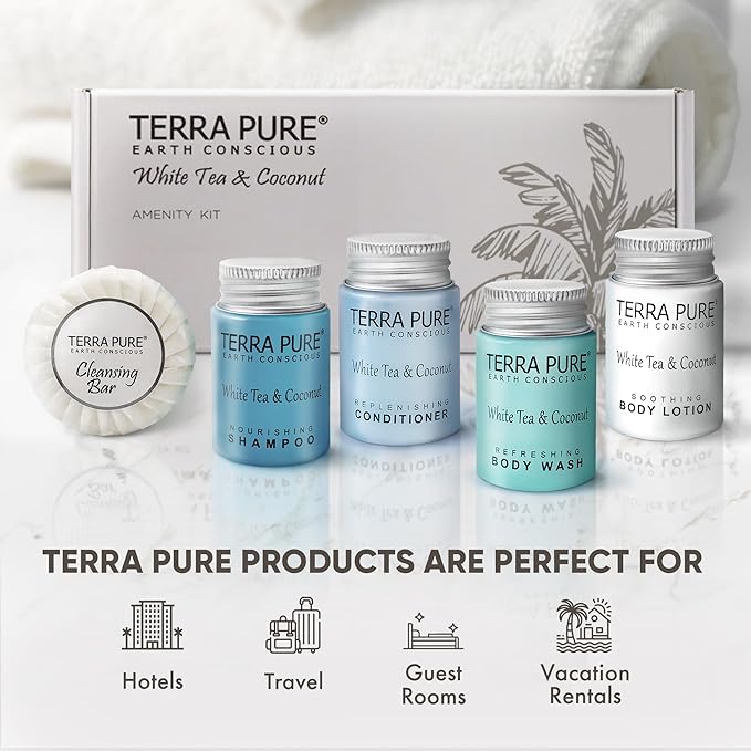 Terra Pure White Tea & Coconut Amenity Kit | Hotel Bulk Toiletries | 1 oz Shampoo, Conditioner, Lotion, Body Wash, Cleansing Bar for Guest Hospitality Vacation Rentals | 60 Sets/Case