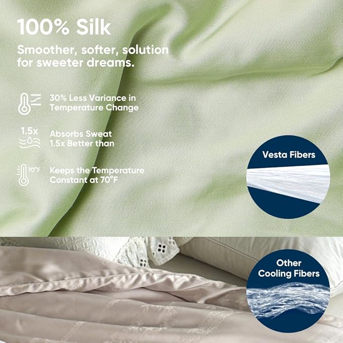 Vesta Washable Silk Lightweight Comforter, Cooling Blanket for Hot Sleepers, 100% Long Staple Mulberry Silk, Moisture & Thermal Control for Summer Use (Tender Green, Full/Queen 90'' X 90'')
