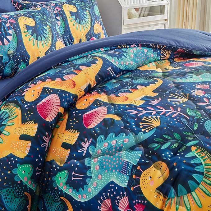 Wajade 7 Piece Dinosaur Comforter Set for Boys 3D Blue Dinosaur Print Bedding Set for Kids Teens Bed in A Bag Twin Size (1 Comforter, 1 Flat Sheet, 1 Fitted Sheet, 2 Pillowcase and 2 Pillow Sham)