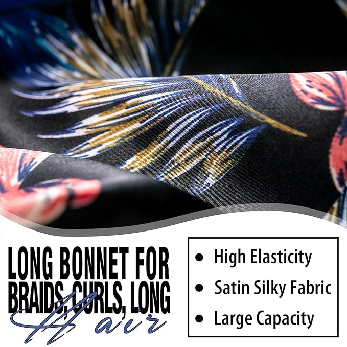 2Pcs Bonnets for Black Women Braid Bonnet, Large Long Satin Bonnet for Braids, Silk Bonnet with Stretchy Tie Band Sleep Cap Hair (2Pcs-Black&Black Pattern)