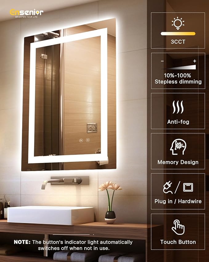Ensenior LED Bathroom Mirror 30"x 36" with Front and Backlight, Stepless Dimmable Wall Mirrors with Anti-Fog, Shatter-Proof, Memory, 3 Colors, Modern LED Vanity Mirror-FCC
