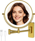 GURUN 8" Wall Mounted Makeup Mirror,Magnifying Dual-Side Mirror,| 360° Rotation & Extended Arm Bathroom Mirror| 14" L x 14" W Retro Gold-led Light 7X M1406DGJ(8",7X)