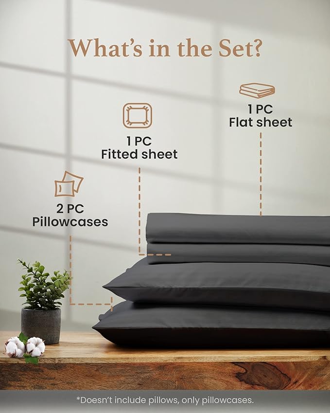 Good Sleep Bedding Twin Sheets Set - 100% Egyptian Cotton, Soft, 3Pc, Twin Sheets, Hotel Quality Bed Sheets Twin, Deep Pocket Twin Sheet Set Fits Upto 16" - Dark Gray Sheets
