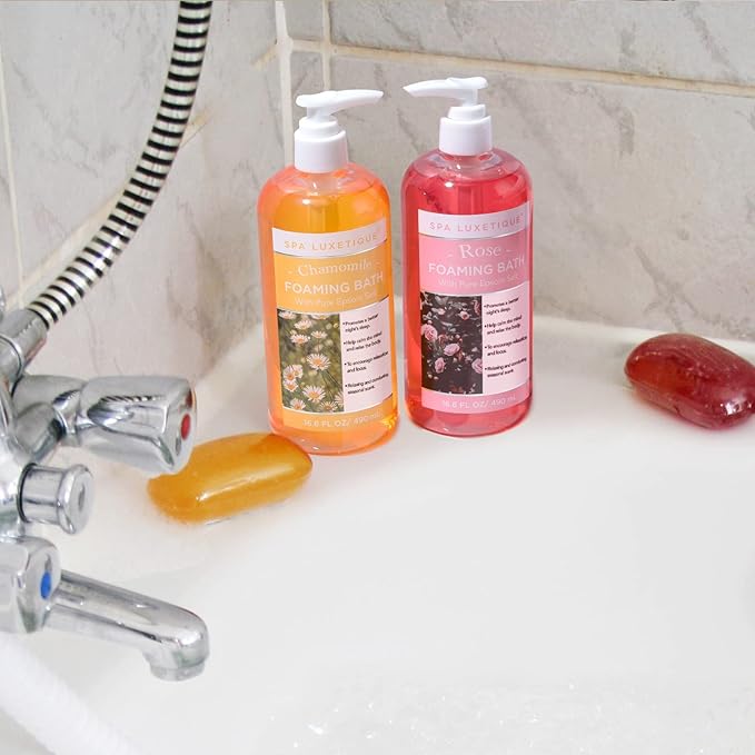 Bubble Bath, Spa Luxetique Foaming Bath for Women with Pure Epsom Salt, Bath Sets Rose and Chamomile Scent, Moisturizing and Relaxing Spa Gifts for Mom, 33.2 Oz (2 Pack)