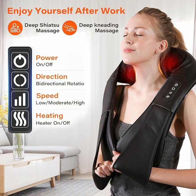 Shiatsu Neck Massager, Back and Neck Massager with Heat, Electric Deep Tissue 3D Kneading Massage Pillow for Back, Shoulder, Muscle Pain Relief, Office & Home & Car Use, Gift for Women and Men