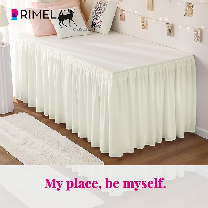 RIMELA Dorm Bed Skirt Twin XL 32 Inch Drop, Easy to Install Extra Long Wrap Around Elastic Dust Ruffle, Ivory Bedskirt Solid Silky Fabric Machine Washable (Twin XL 80“L x 39”W & Twin 75“L x 39”W)