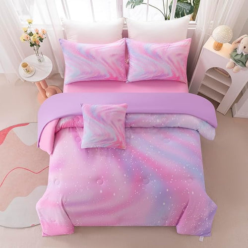 6Pcs Girls Comforter Sets Queen for Girls Kids, Gradient Colorful Rainbow Bedding Set Queen Bed in A Bag (1 Comforter, 1 Flat Sheet, 1 Fitted Sheet, 1 Cushion Cover, 2 Pillowcases)