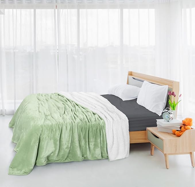 Utopia Bedding Sherpa Blanket King Size (Sage Green, 90x102 Inches) - Soft Lightweight Plush Fleece Reversible Blanket for Bed, Sofa, Couch, Camping and Travel