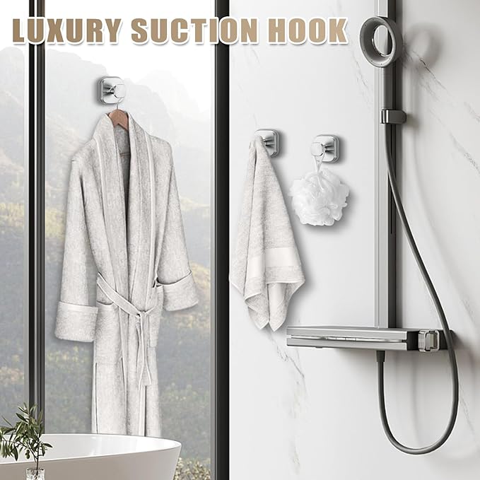 No-Drill Reusable Suction Cup Hooks, 2-Pack Brushed Nickel – Towel, Robe, Loofah, Coat Hook for Glass, Mirror, Tile, Shower, Bathroom, Kitchen & Metal (Smooth, Non-Porous Surfaces)