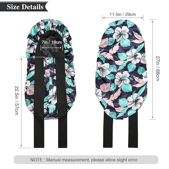 AWAYTR Long Satin Bonnet for Women - Double Layer Elastic Silk Bonnet for Braids Hair Sleeping Cap with Tie Band (Flower D)