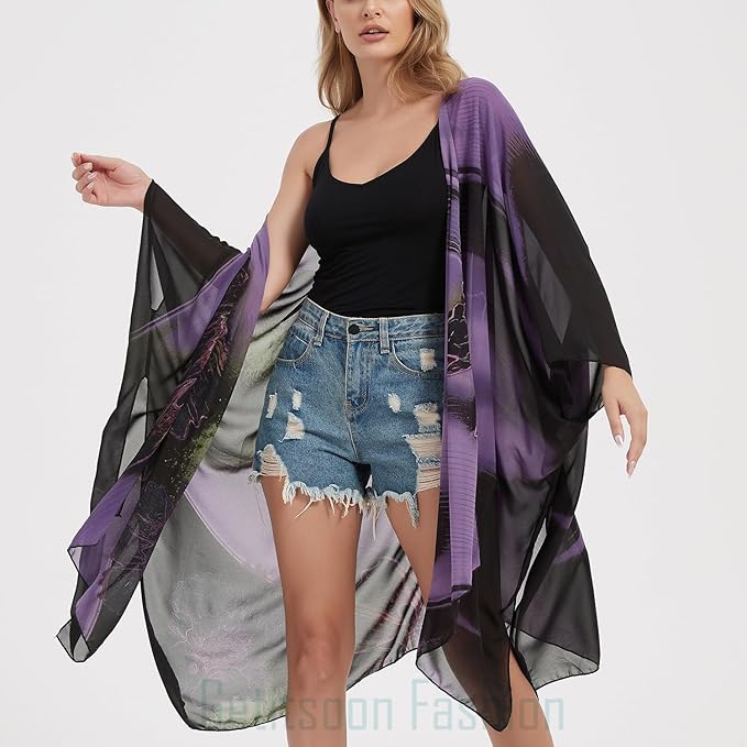 Women's Bohemian Floral Chiffon Beach Cover up Swimsuit Kimono Summer Swimwear Cardigans