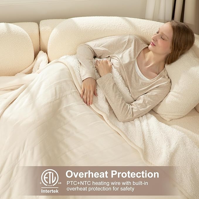 Electric Blanket Full Size 72" X 84" - Flannel Sherpa Heated Blanket with Fast Heating, 6 Heat Settings, 1-10 Hrs Timer Settings, ETL Certified Heating Blanket, Washable, White