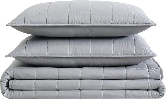 London Fog Garment Washed Solid Quilt Set Grey Microfiber 3-Piece Full/Queen Quilt Set, Solid Themed, Adult and Teen, Oeko-TEX Certified