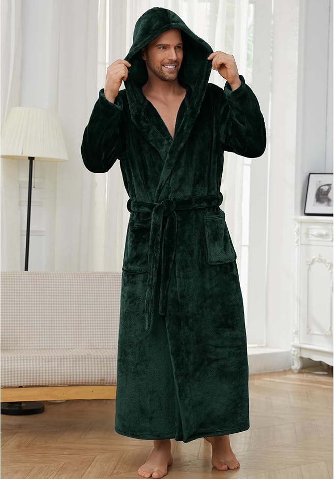 U2SKIIN Mens Robe with Hooded, Full Length Thickened Plush Robe Big and Tall Bathrobe