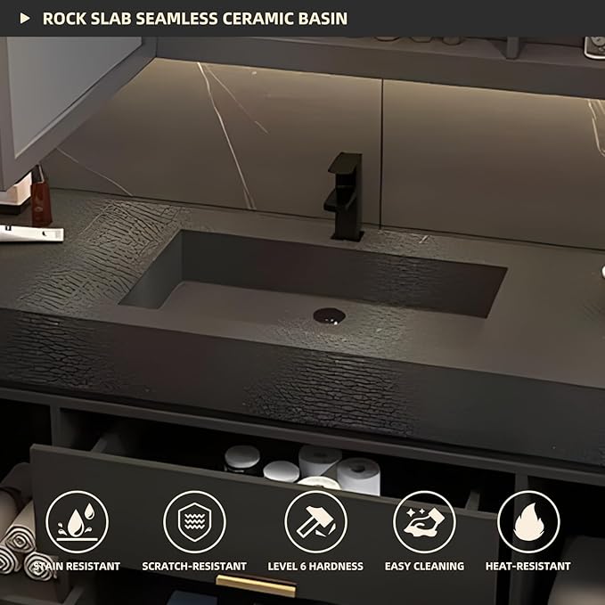 Bathroom Vanity, Floating Bathroom Vanity with Single Sink, Solid Wood Bathroom Vanities Includes LED Smart Defogging Mirror Cabinet & One-Piece Sink, Modern Vanities with 2 Drawer Storage (Black,36")