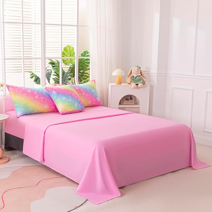 6Pcs Full Size Comforter Set for Girls Kids, Gradient Colorful Rainbow Girls Bedding Set Full with Sheets, Soft & Breathable Kids Bed for Gift Bedroom Decor