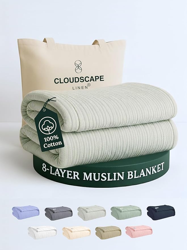 Cloud Scape Linen 8-Layer Muslin Blanket King Size for Adult - 100% Cotton, Breathable and Soft, Perfect Winter Cozy Blanket, Fits up to California King Bed, 92x108, Seafoam