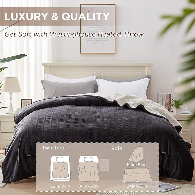 Westinghouse Heated Blanket Full Size, Soft Flannel to Sherpa Electric Blanket with 10 Heating Levels, 1-12 Hours Auto Shut Off, Fast Heating Warming Blanket, Machine Washable, 72x84 Inch, Charcoal