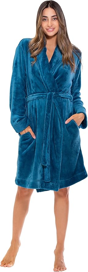 Turquaz Robes For Women, Womens Fleece Shawl Collar Soft Plush Knee Length Spa Robe