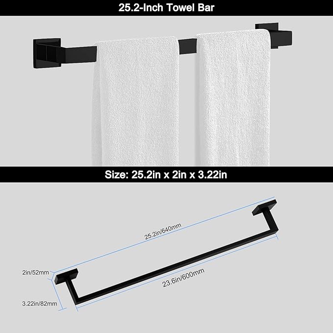 Ralbay Bath Towel Bar, Premium Stainless Steel 5 Pieces Bathroom Hardware Accessories Set Wall Mounted Towel Bar Set, Matte Black