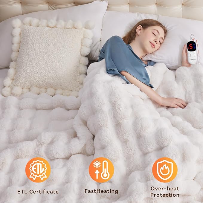 Heated Blanket Full Size with 1/2/4/6/8 Hours Auto-Off 10 Heat Level, 62'' * 84'' Cozy Faux Rabbit Fur Bubble Electric Blanket with Overheat Protection(White)