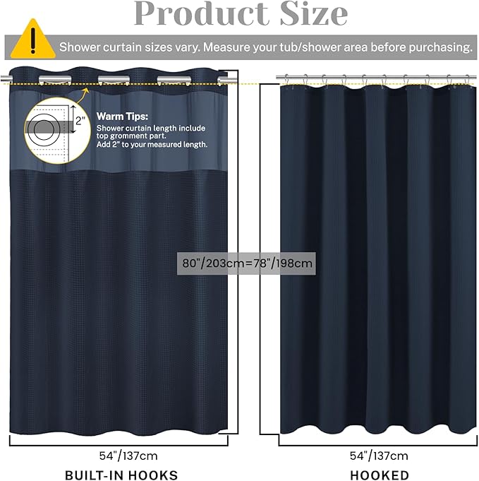 No Hook Shower Curtain with Snap in Liner Set Waffle Shower Curtain for Bathroom Hotel Style Fabric Waterproof Inner Liner，54" W x 80" H, Navy Blue