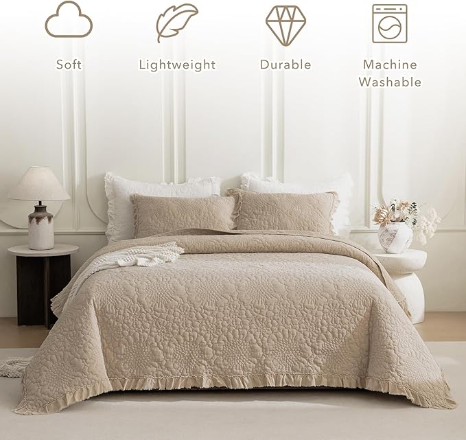 QSH 3PCs Dark Wheat Ruffled Quilt Queen Size (90"x98"),Stonewashed Cotton Quilt Set, Soft Lightweight Crinkled Bedspread Coverlet Queen Shabby Farmhouse Chic Bedspreads Bedding Set with Pillow Shams