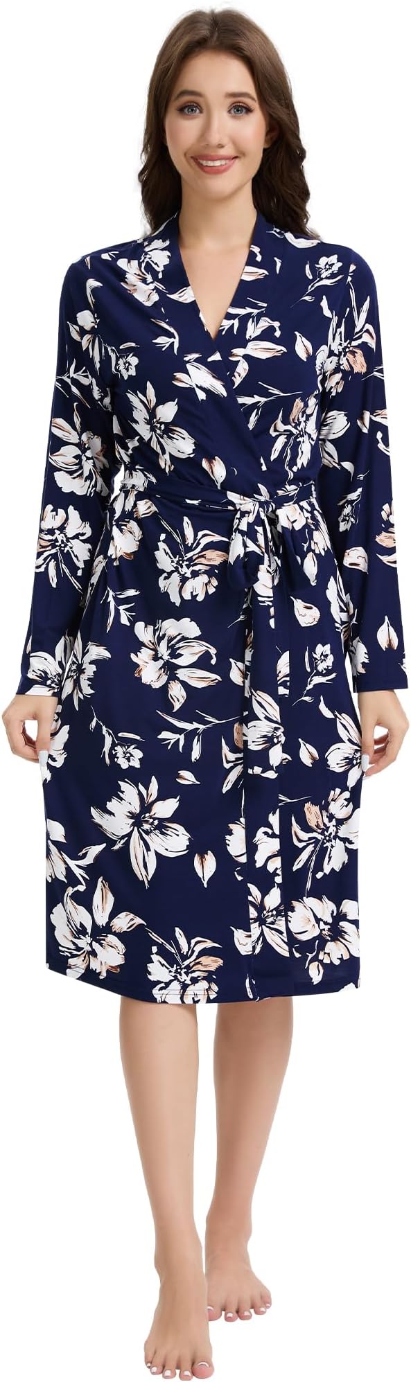 WiWi Women's Robe Long Sleeve Bathrobe with Pockets Soft Kimono Spa Lightweight Robes Bamboo Viscose Loungewear S-XXL