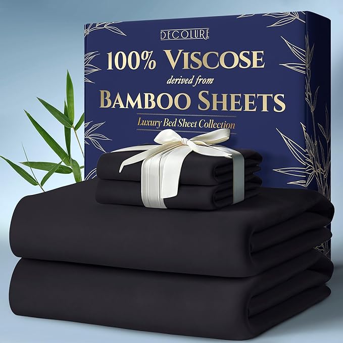 DECOLURE 100% Viscose Derived from Bamboo Sheets King Size 4pcs - Ultra Soft & Luxuriously Cooling, 17" Deep Pocket, Double Stitching, Perfect for Hot Sleepers - King Bed Sheets (Charcoal)