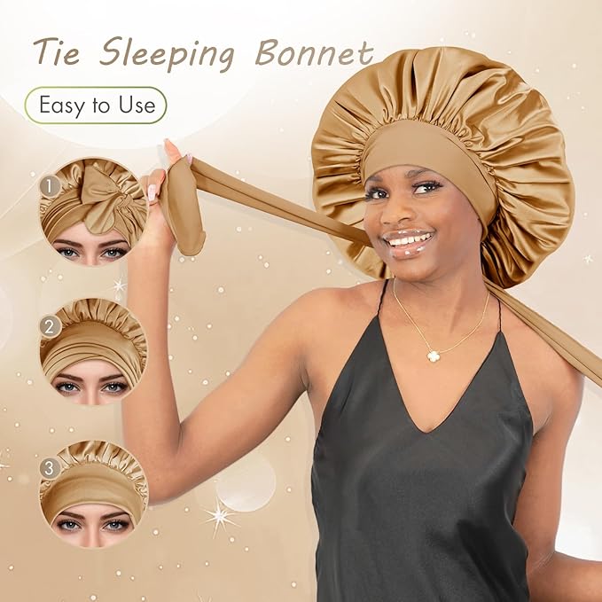 BONNET QUEEN Large Satin Silk Bonnet for Sleeping Women's Curly Hair - Big Night Sleep Cap Scarf Wrap with Tie Band - Yellow Gold