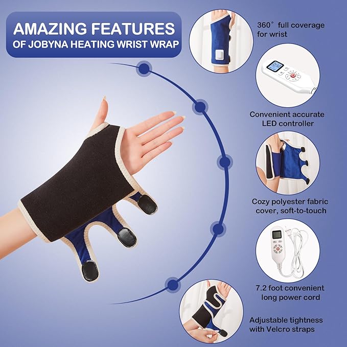 JOBYNA Heating Pad for Wrist Pain, 30S Fast Heat Heated Wrist Wrap, 86-158℉, 10-90Min Auto Shut Off, Suitable for Arthritis, Carpal Tunnel Relief, Sprains Trigger Thumb