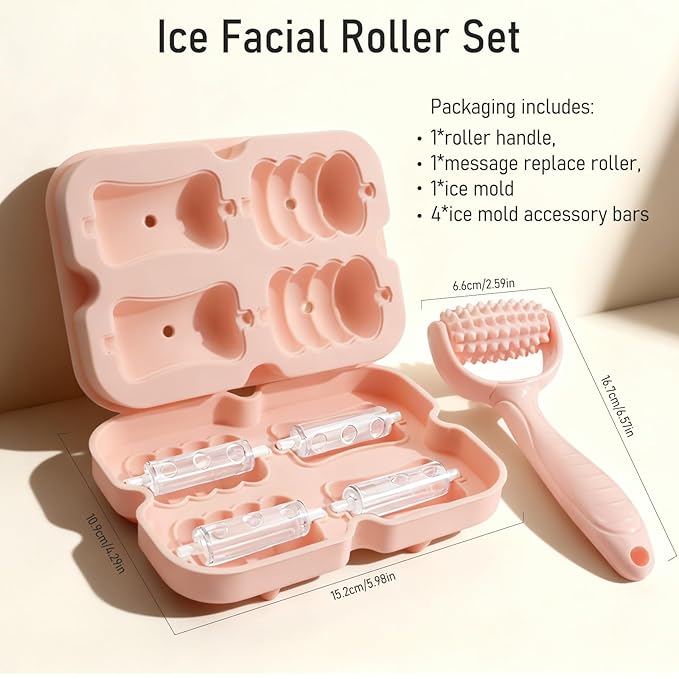 Ice Roller for Face Women Replaceble Rollers + Reusable 2 in 1 Silicone Facial Eyes Ice Cube Mold Set, Body Message Stick Holder for Reduce Puffiness Relief Shrink Pores Anti Wrinkle Skin Care, Pink