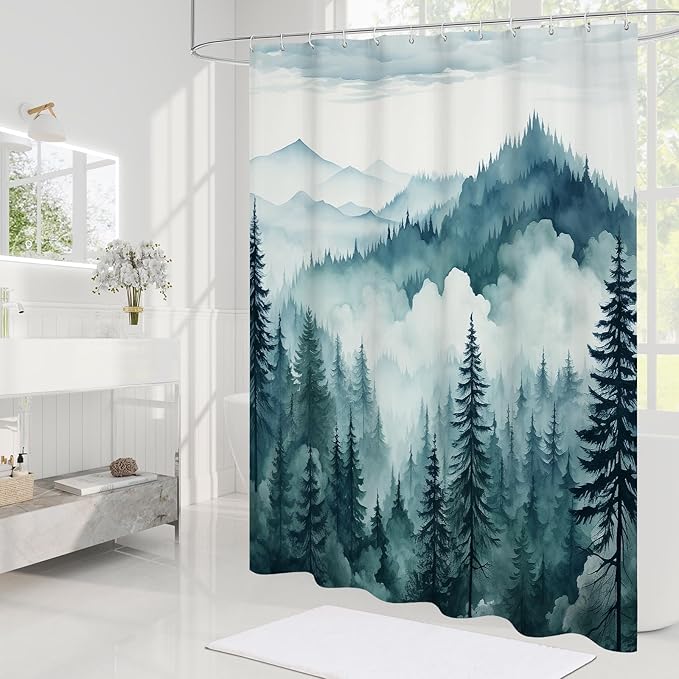 Peacock Blue Extra Long Misty Pine Forest Shower Curtain 72 x 84, XL Mountain Foggy Woodland Scenery Tree Shower Curtains for Bathroom, Abstract Waterproof Nature-Themed Decor