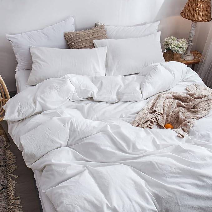 MooMee Bedding Duvet Cover Set 100% Washed Cotton Linen Like Textured Breathable Durable Soft Comfy (Solid Off White, Super King Plus 120"x120")