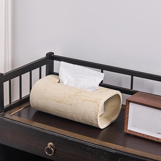 Natural Travertine Textures Tissue Box Holder Rectangle, Resin Facial Tissue Holder Cover, Decorative Bulk Tissue Paper Dispenser for Bathroom Kitchen Bedroom Living Room Office (Beige)