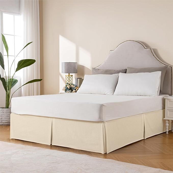 MIYE Pleated Waffle Weave Bed Skirt, Tailored Dust Ruffle 18 Inch Drop Easy Fit, Machine Washable,No Split Corners (Light Beige, Queen - 18" Drop)