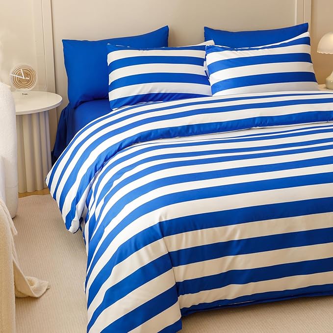 KAREVER Royal Blue White Stripes Comforter Set Twin Size Royal Blue White Stripes Bedding Set 3 PCs Comforter Set Twin Size Fluffy Linen Comforter Sets
