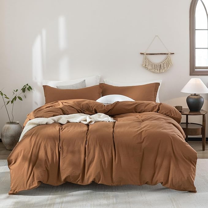 100% Washed Cotton Dark Orange Duvet Cover King Size Bedding Set Cover 1 Duvet Cover with Zipper Closure Plus 2 Pillowcases, 104inch x 90inch