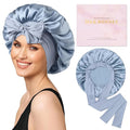 AWAYTR Mulberry Silk Bonnet for Sleeping - Silk Sleep Bonnet with Tie Band for Curly Hair Men and Women (Haze Blue)