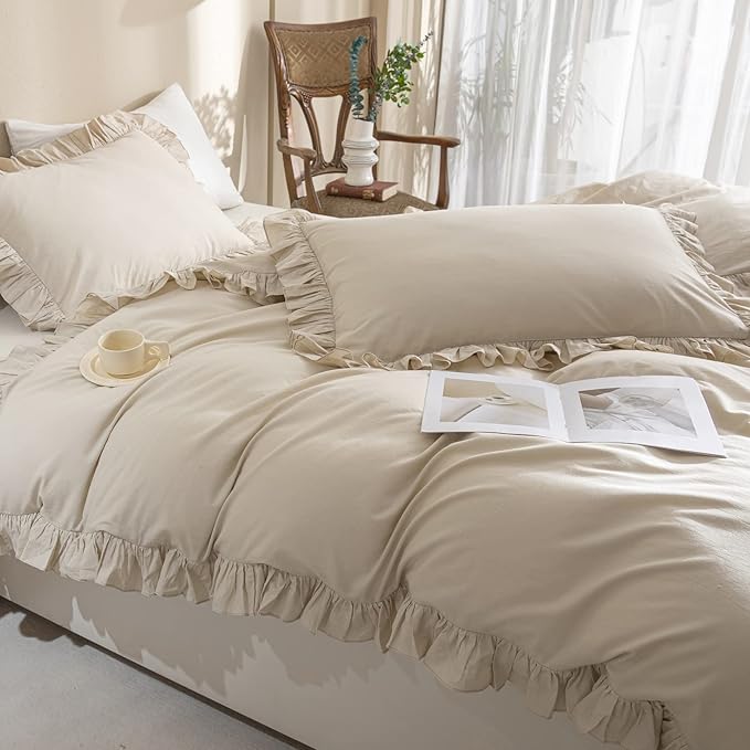 QSH Washed Cotton Duvet Cover King Ruffle Duvet Cover Linen Feel Textured Farmhouse Shabby Vintage Chic Bedding Comforter Cover 3 Pieces Aesthetic Elegant King Bedding