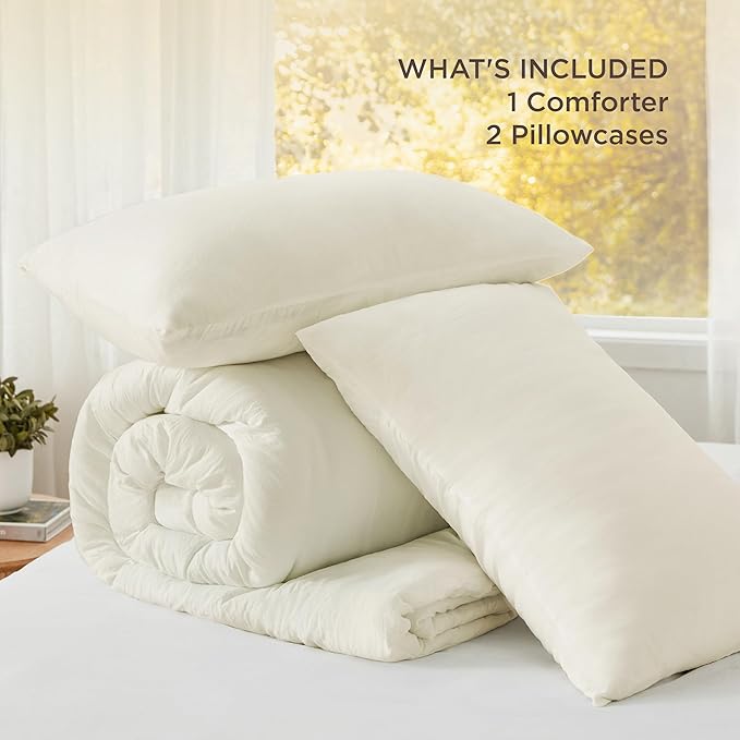 Bedsure Full Size Comforter Set, Ivory Soft Prewashed Bedding for All Seasons, 3 Pieces GentleSoft™ Warm Down Alternative Bed Set, 1 Lightweight Comforter (82"x86") and 2 Pillowcases (20"x26")