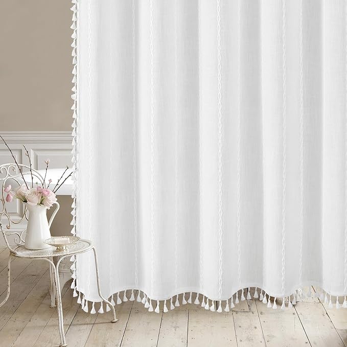 MitoVilla Boho Extra Long Shower Curtain 72 x 96, White Modern Farmhouse 96 inch XL Polyester Linen Texture Tassel Fabric Shower Curtain Set with Hooks for Cottagecore Country Bathroom Decor,White
