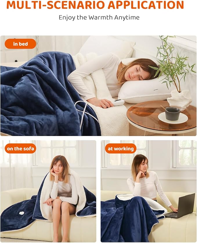 Heated Blanket Electric Blanket Throw Size, Super Soft Cozy Upgraded Flannel Heating Blanket with 9 Heating Levels & 1-9 Hours Auto Off, Fast Heating & Overheat Protection, 50" x 60", Blue