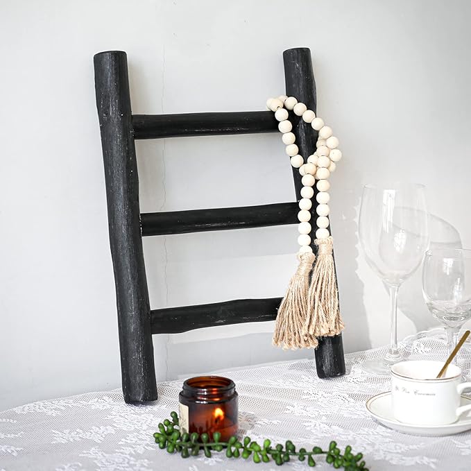 FUIN Fully Assembled Wooden Tea Towel Ladder, Mini Ladder Towel Rack Display Hanger, Small Rustic Farmhouse Tea Towel Stand Holder for Country Bathroom Decor, Black